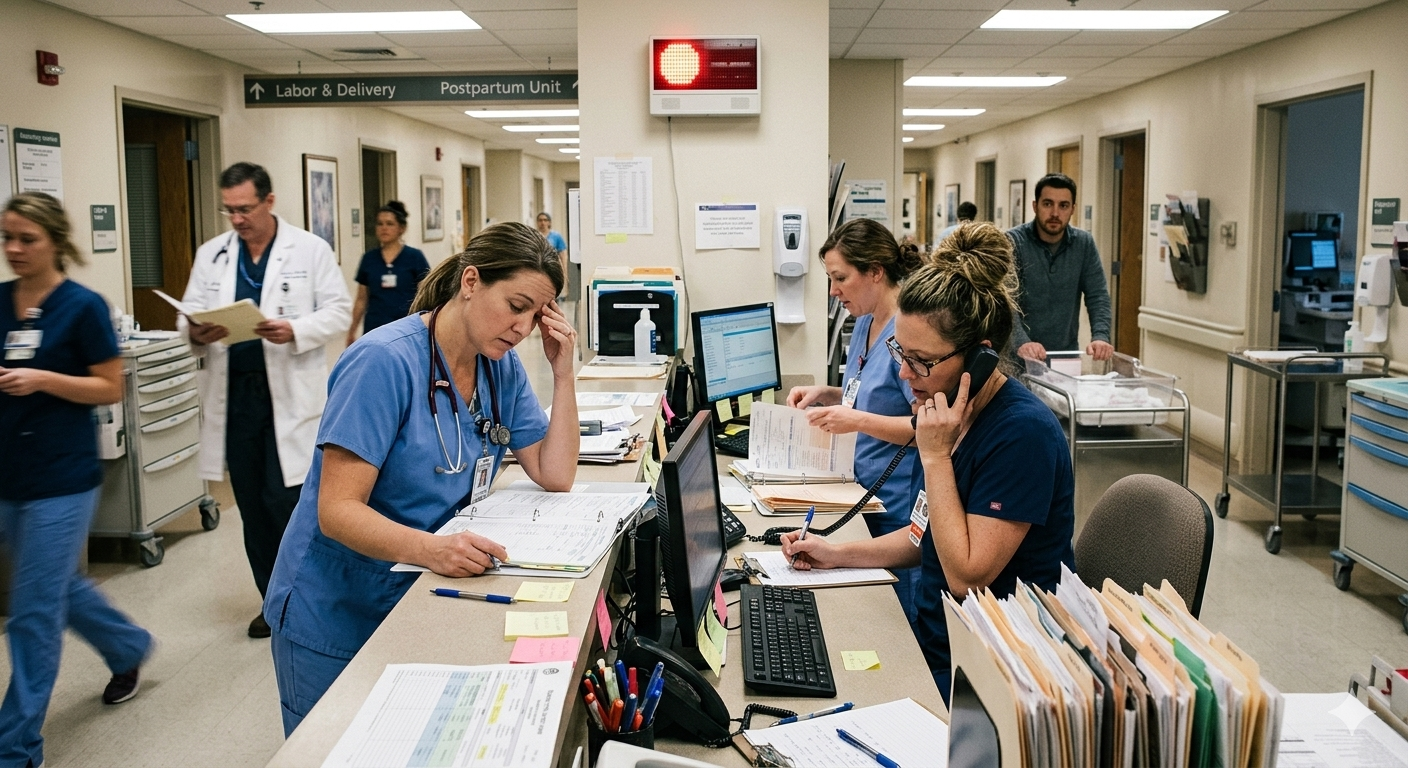 Busy maternity unit nurses' station with staff managing paperwork and calls under pressure