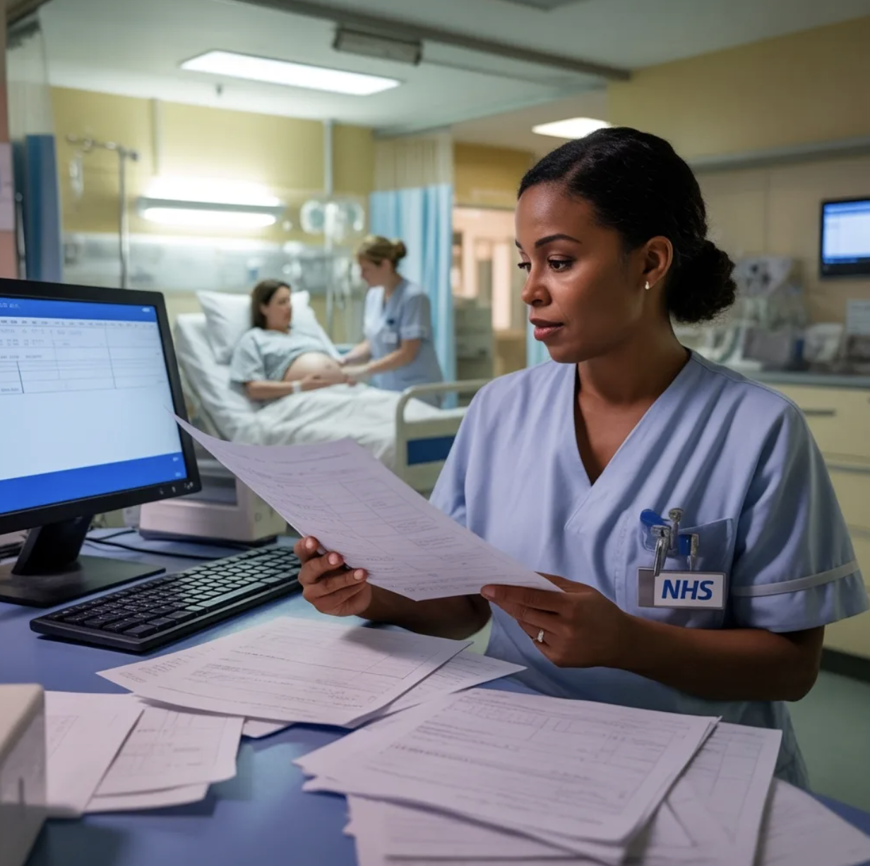 Clinician in scrubs reviewing documents at a desk with patient care visible in the background